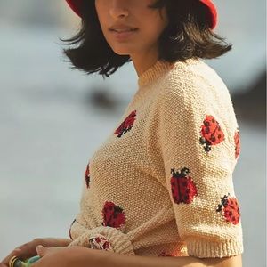 Anthropologie Maeve Ladybug Puff-Sleeved Sweater